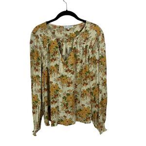 Cupcakes and Cashmere Floral Tie Neck Top Blouse Fall Boho Chic Size L